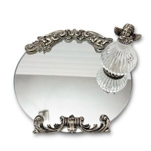 Vintage Cherub Scroll Metal Round Mirrored Vanity Tray & Perfume Bottle